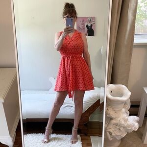 CORAL ORANGE  SLEEVELESS  DRESS RED FLAMINGOS LINED BUTTONS COLLAR TIE BELT